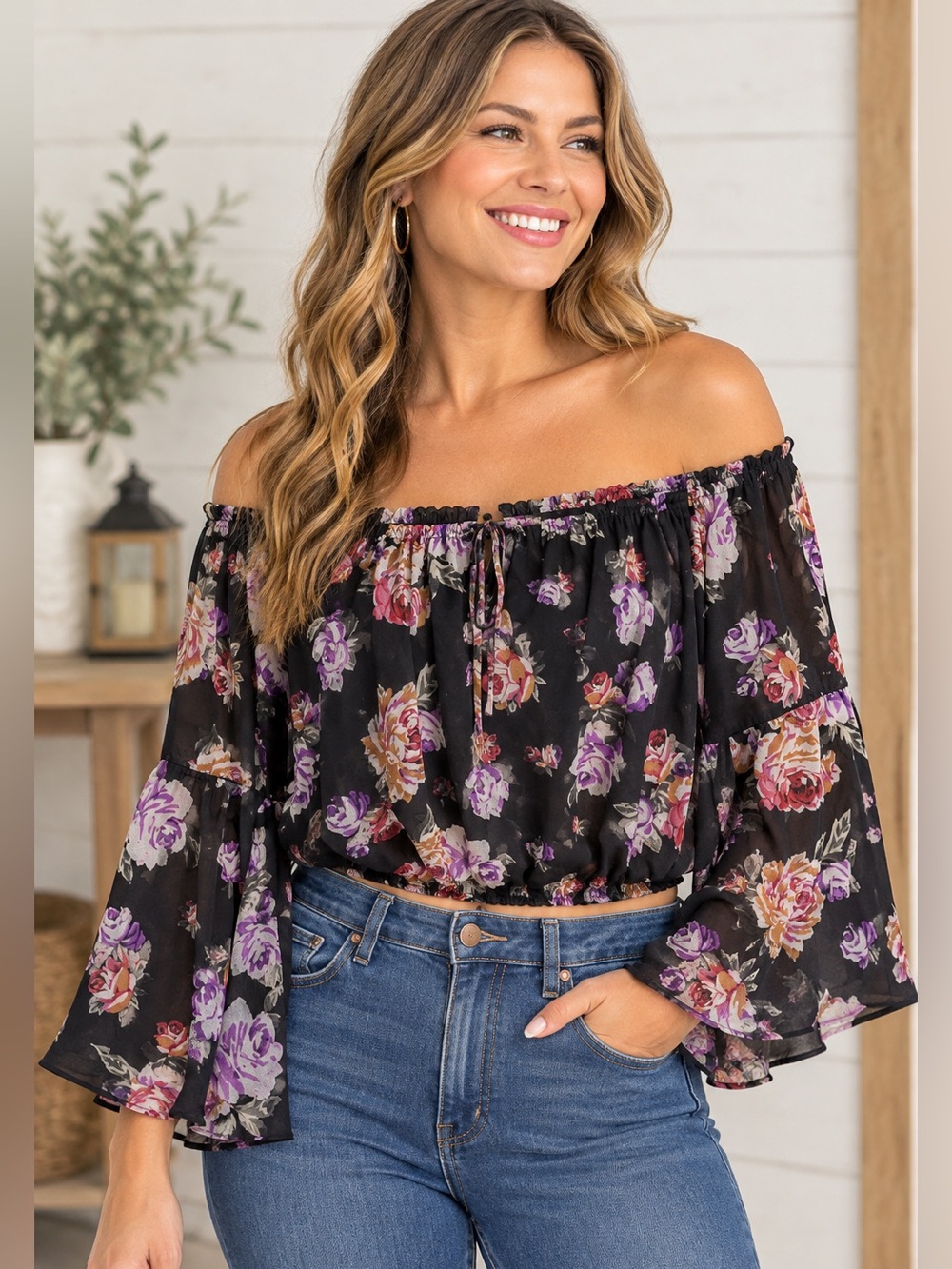 Blouse Top Woman’s Size Large Purple With Roses Peasant Fairy core Festive